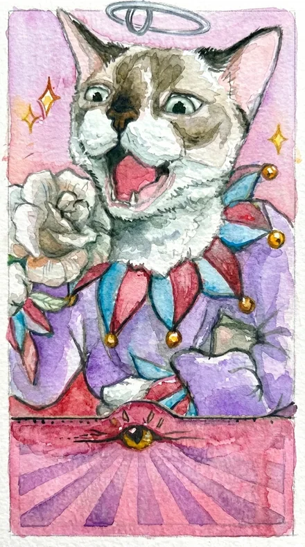 A tarot card showing a haloed cat yowling in a jester collar, beside a white rose