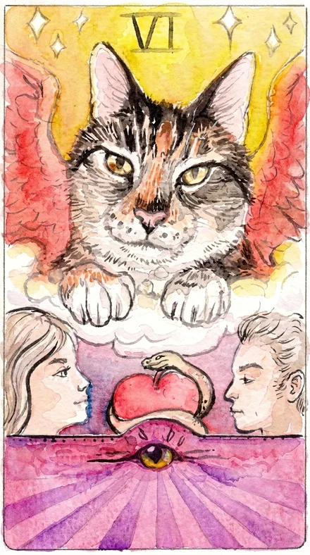 A tarot card numbered six, a winged tabby cat above two faces, an apple and a snake