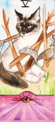 A tarot card numbered five, a siamese cat among crossed wooden staves
