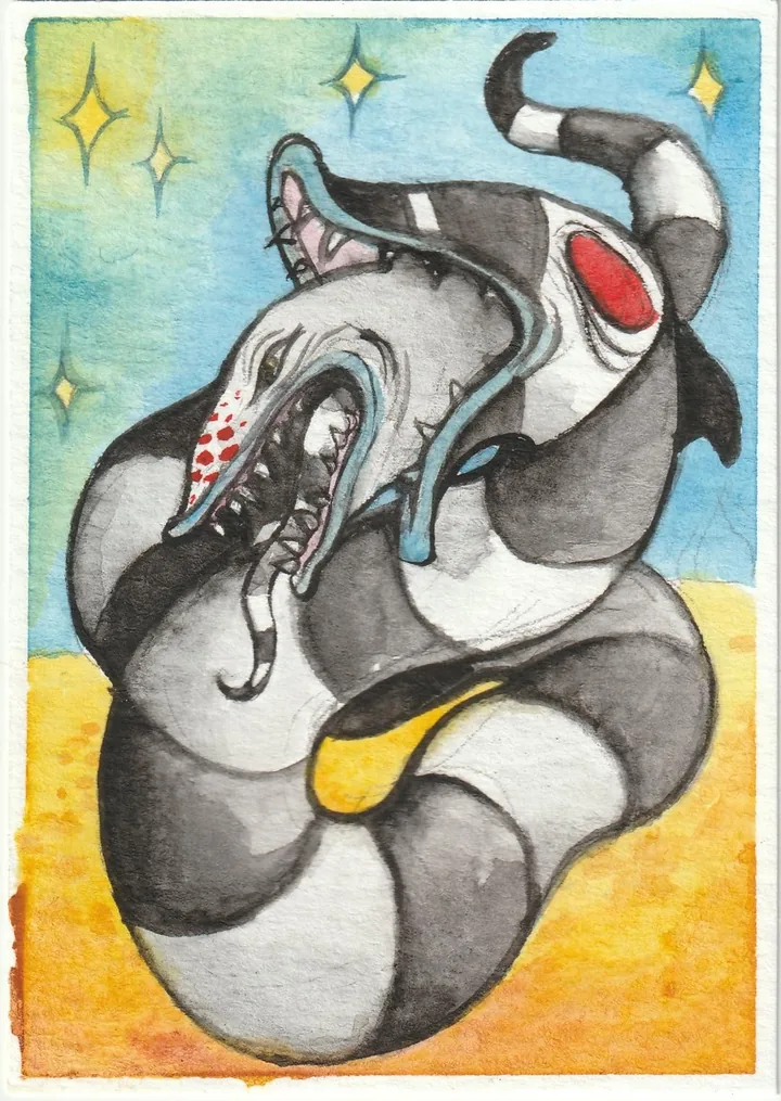 A grey and white creature with a long curling trunk and red markings, coiled on orange sand under a blue sky