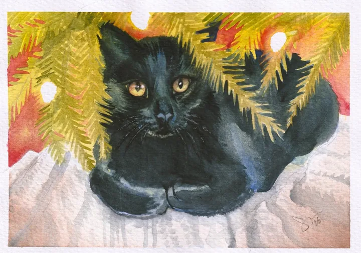 Watercolour of a black cat with amber eyes lying under the gold and red branches of a Christmas tree