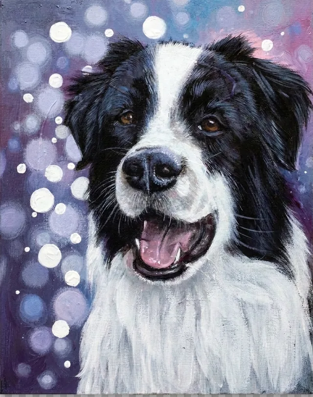 Painted portrait of a border collie, mouth open, against lavender bokeh