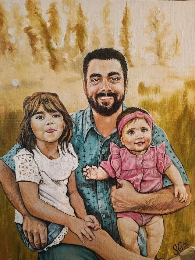 Painted portrait of a bearded man holding two small girls, in a gold field
