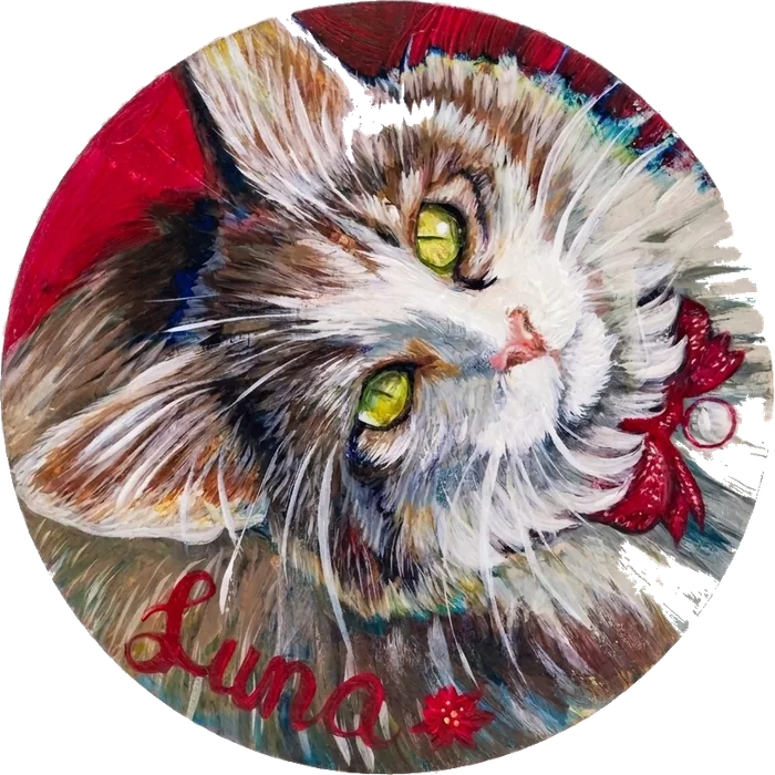 A long haired tabby cat with green eyes, painted on a round panel with her name Luna lettered in red