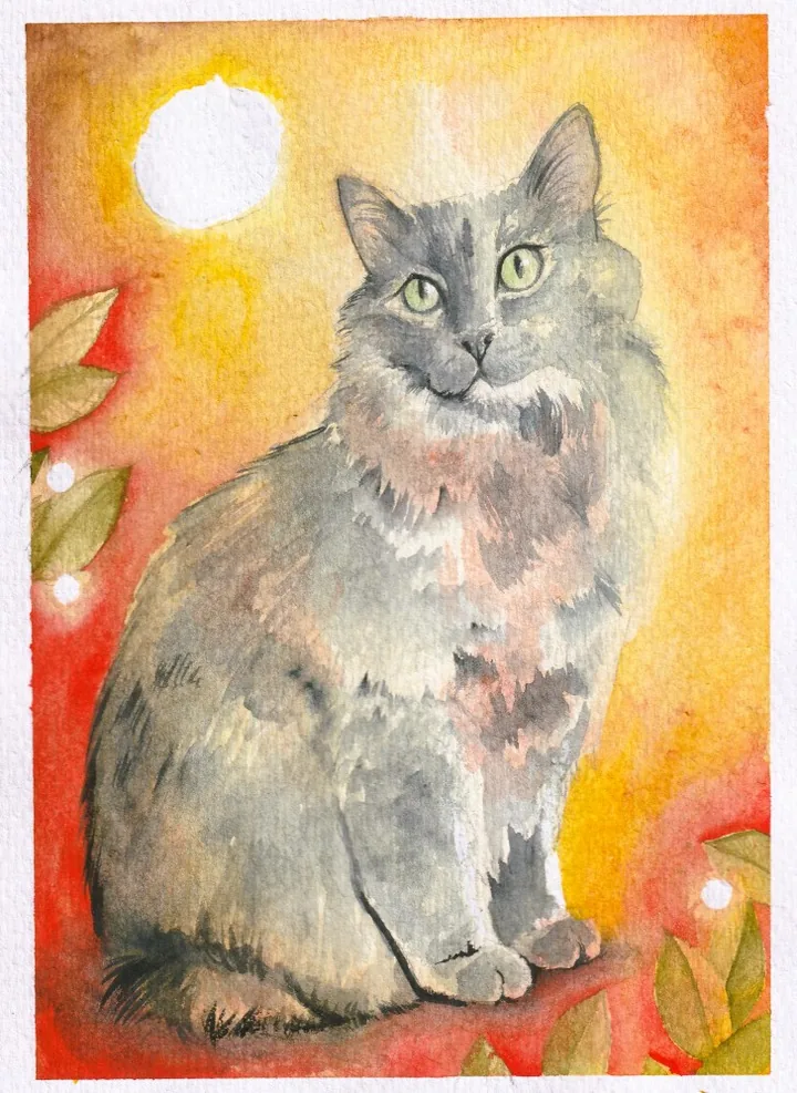 Watercolour of a long haired grey cat sitting upright against a red and yellow ground, with a white sun behind her