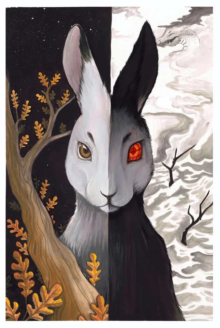 A hare split down the middle, one half pale under a starry sky with golden oak leaves, the other half black against grey smoke with a burning red eye