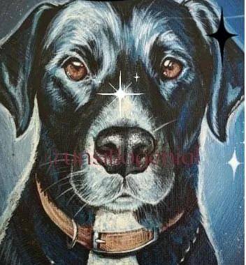 Painted portrait of a black labrador against blue