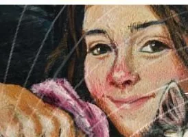Painted portrait of a young woman holding a kitten