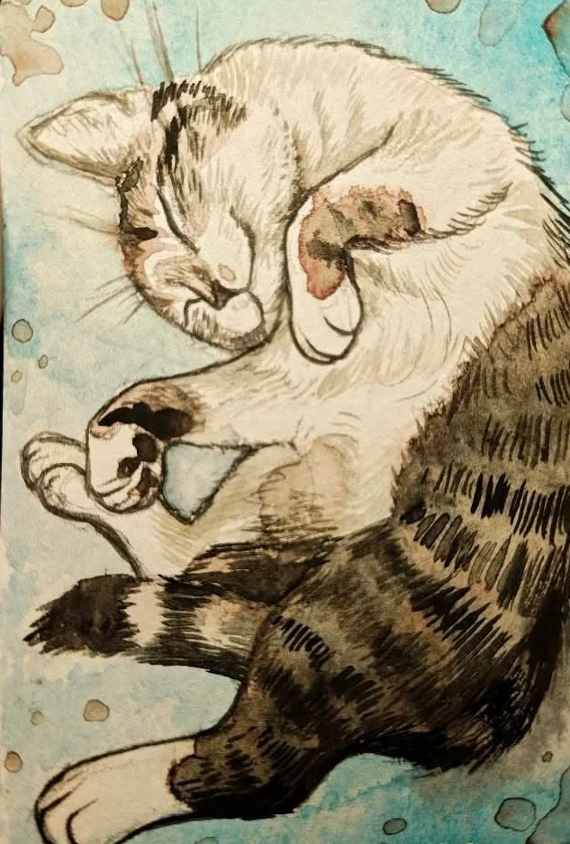 Ink and watercolour of a tabby cat curled up asleep, on a pale blue ground