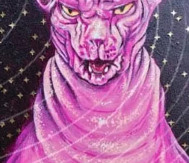 A snarling pink sphynx cat painted against a black starfield