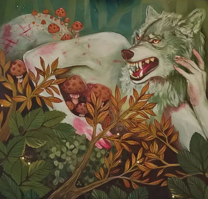 A grey wolf snarling beside a pale sleeping figure, among mushrooms and autumn leaves